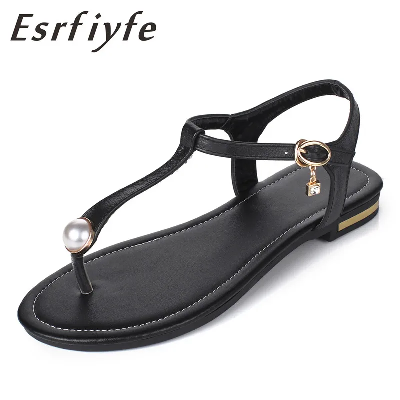 

ESRFIYFE 2018 New High Quality Genuine Leather Women Sandals Ladies Summer Flip Flops Pearl Sweet Solid Shoes Woman Beach Shoes