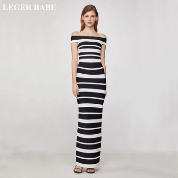 

LEGER BABE High Quality New Autumn Striped Women Bandage Dress Bodycon Slim Off Shoulder Evening Party Long Maxi Dress