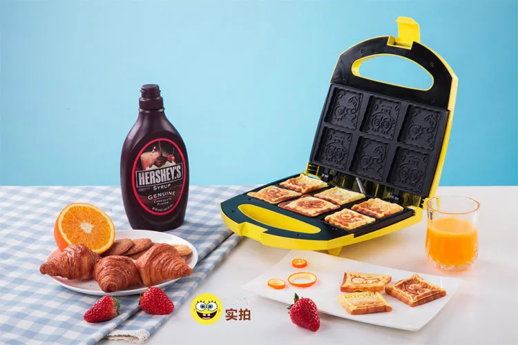 

220-240V 750w Yellow Spongebob Waffle Maker Electric baking pan Food grade non-stick coating 23x22x5.5cm