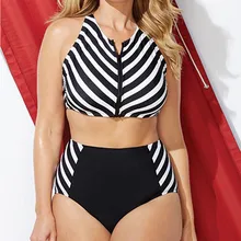 Спортивный жилет купальник женский комплект бикини Классический Полосатый купальник с высокой талией бюстгальтер на молнии спереди пляжная одежда размера плюс S-4XL леди
