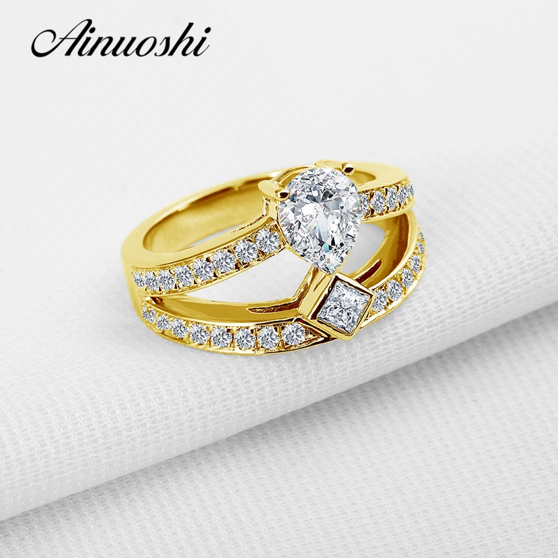 AINUOSHI 1ct кольцо-капля 14 K массивная, желтая, Золотая двойная прокладка установка Груша вырезать Sona алмаз обручальное кольцо для женщин