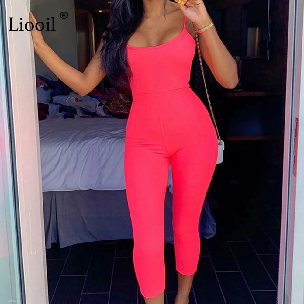 

Liooil Neon Bodycon Jumpsuits For Women 2019 Fashionable Spaghetti Strap Party Sexy Rompers Womens Jumpsuit Overalls Long Pants