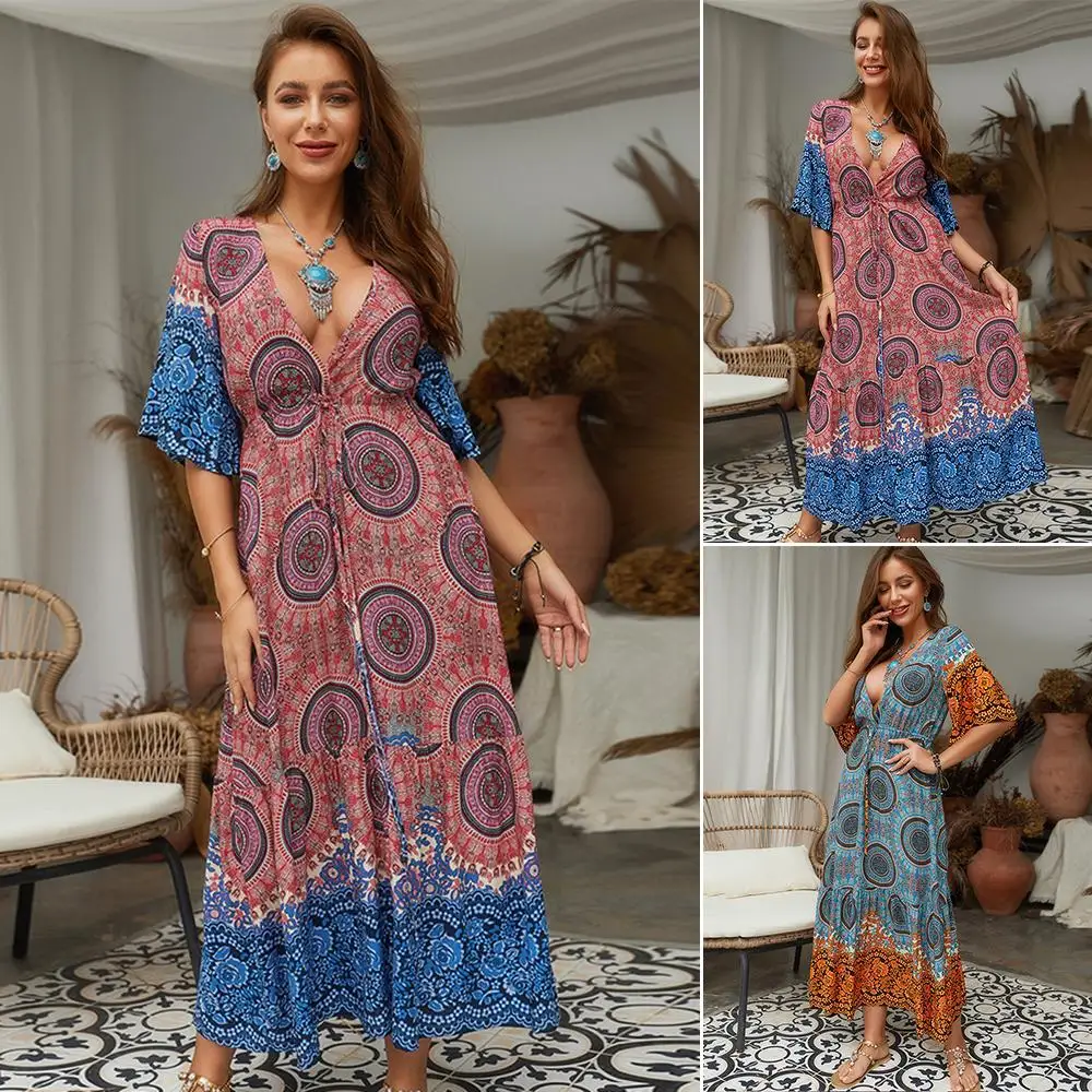 Vacation Women Dress Ladies Beach Summer Half Sleeves Maxi Fashion Ankle Length A Line Dress Print Swing Boho Dresses