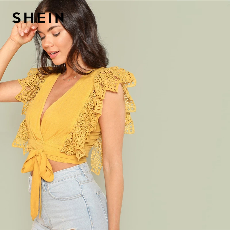 Lace V-Neck Eyelet Dress Yellow