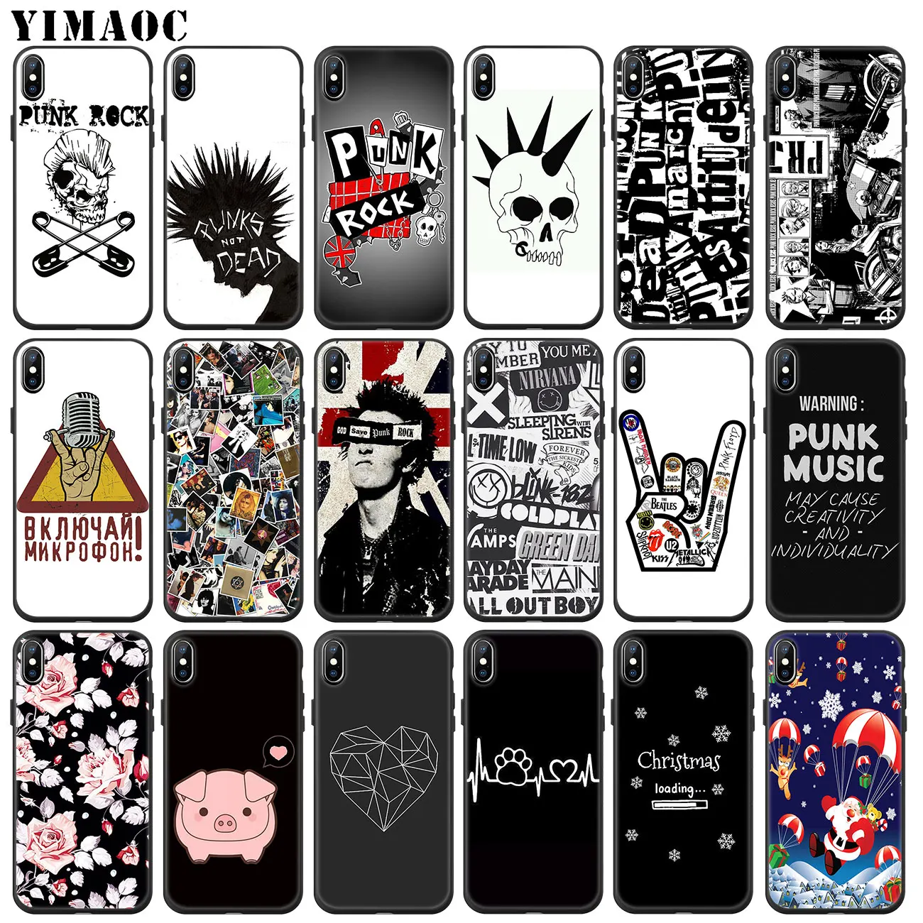 

YIMAOC Punk Rock Soft Silicone Phone Case for iPhone 11 Pro XS Max XR X 6 6S 7 8 Plus 5 5S SE 10 TPU Black flower Cover