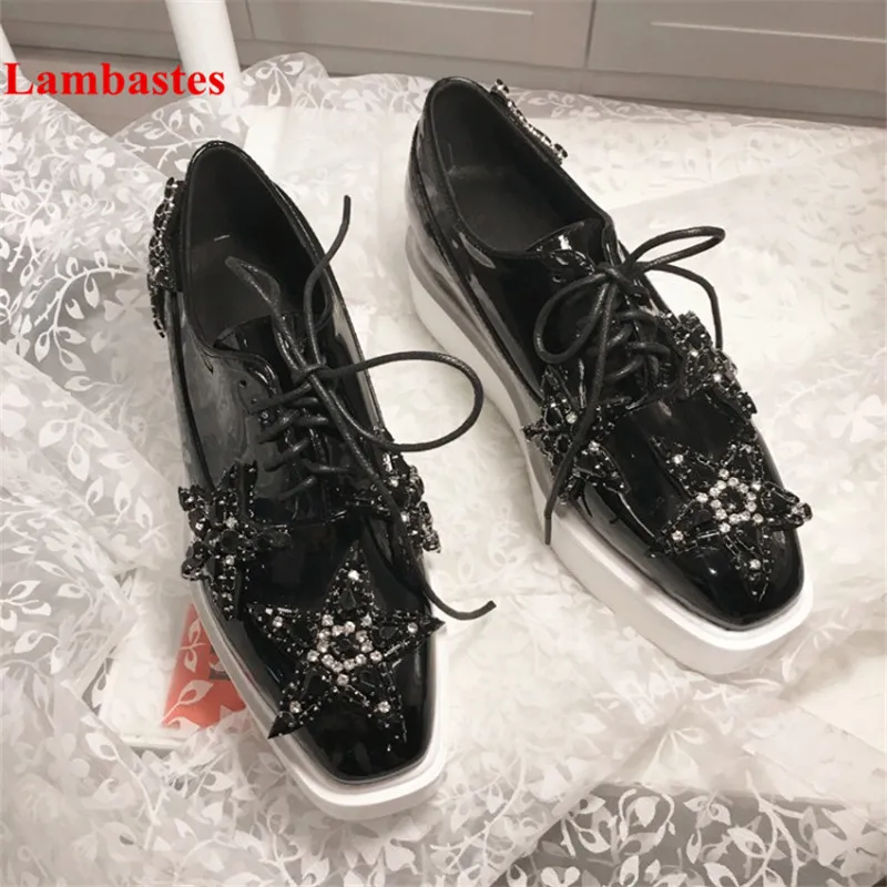 

2019 Pumps Women Shoes Crystal Star Designer Square Toe Lace Up Women Pumps Patent Leather Platform Shoes Women Zapatos de Mujer