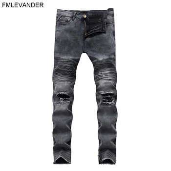 

Fashion Design Hiphop Plus Size 38 Vintage Washed Straight Pants Stretch Ripped Skinny Jeans Men