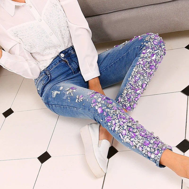 

Jeans Rhinestones Diamond Pocket Jeans Women Pants Streetwear