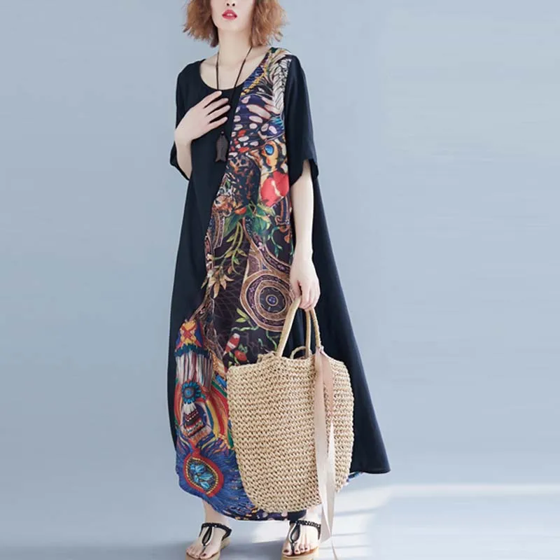 

Women Korean Summer Sundress Large Size Robe Vintage Ethnic Printed Splice Cotton Maxi Dress Female Batwing Dress Plus Size 5XL
