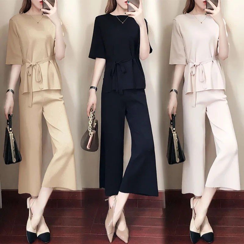 

2019 Summer Women Solid Knit Pullover Top+Wide Leg Pant Suits Knitted Half Sleeve O Neck Calf-Length Trousers 2Pcs Set With Belt