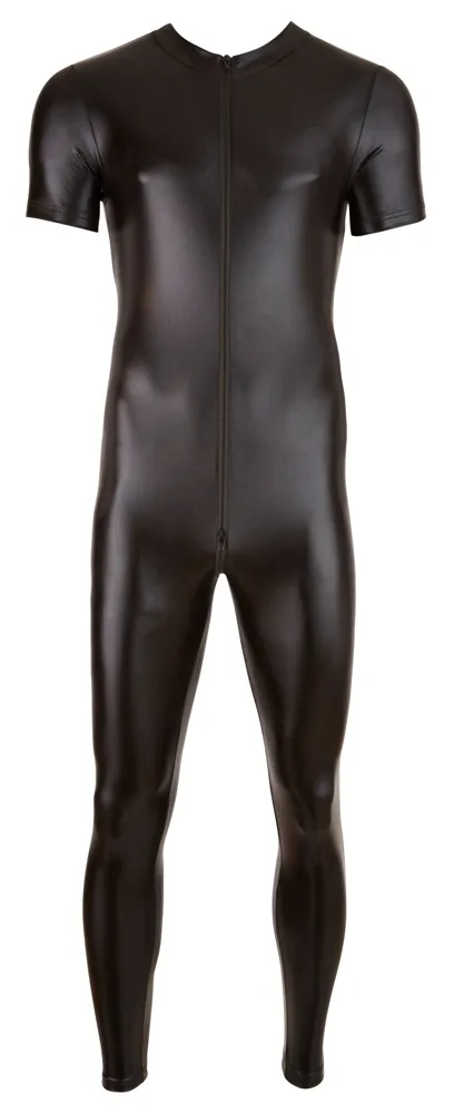 S-3XL Sexy Men Short Sleeve Tight Jumpsuit Faux Leather Two Zipper Open Crotch Bodysuit Fetish Costume Night Club DS Lingerie