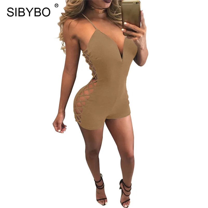 Sibybo, сексуальный комбинезон с глубоким v-образным вырезом, женский комбинезон, лето, открытая спина, боковая шнуровка, полый комбинезон, короткий комбинезон