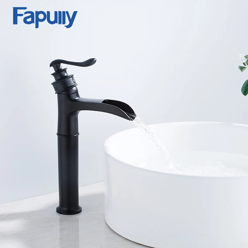 

Fapully Basin Faucet Waterfall Faucet Brass Black Painting Tall Hot and Cold Modem Waterfall Basin Bathroom Mixer Faucet 1062-22