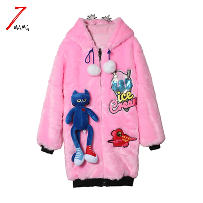 

2016 winter street cute pink thicken cartoon cotton padded sequins long coat casual horn hoodies  warm toy coat