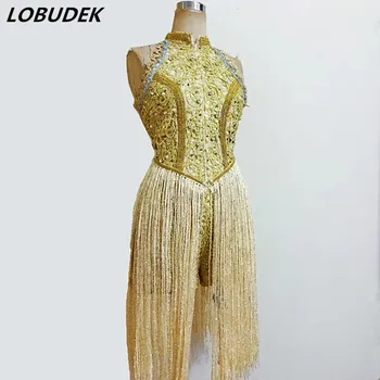 

Customized High Quality Women Gold Tassels Bodysuit Sexy Leotard Pearls Jumpsuits Star Dancer Concert Stage Costume Bar Clothing