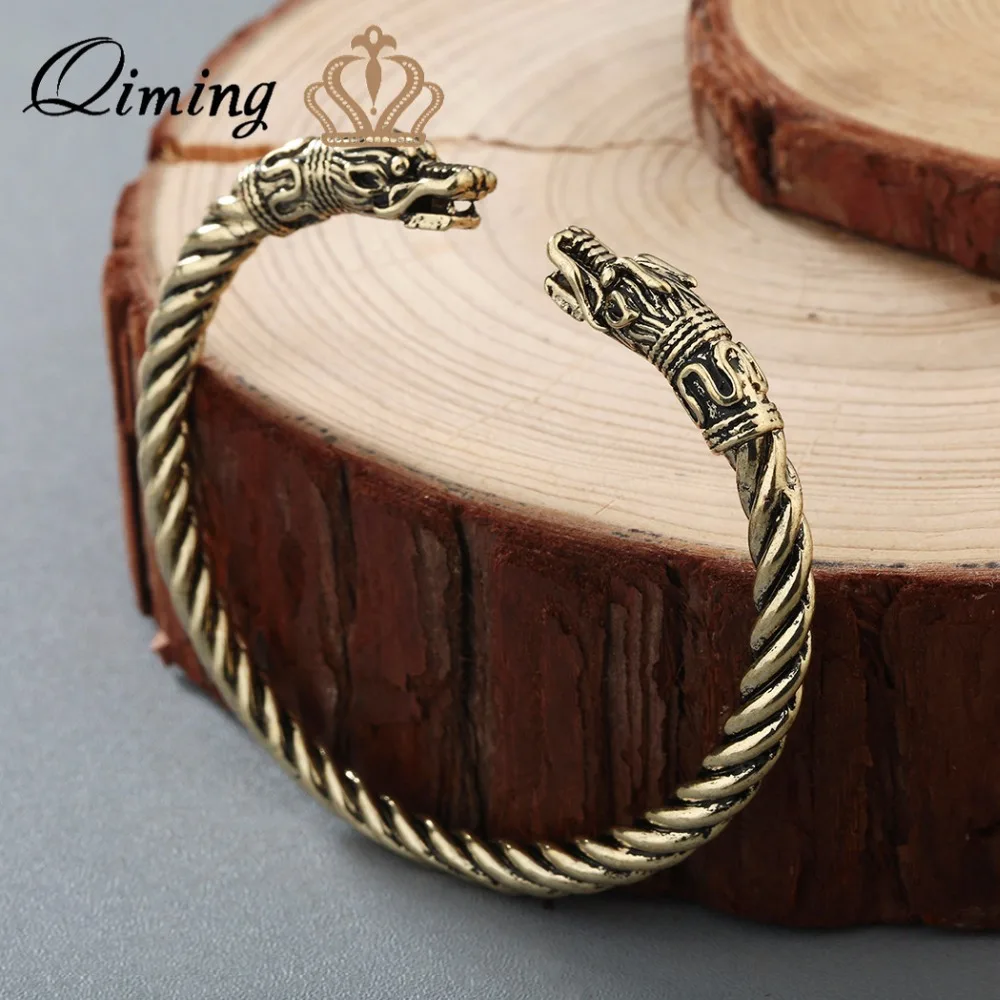 Vintage Viking Dragon Head Bracelet Cuff Wristband Men Gold Bangle Statement 