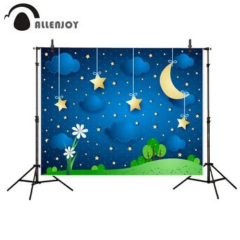

Allenjoy photography backdrop Blue sky cloud yellow stars moon green turf plants background for children camera fotografica