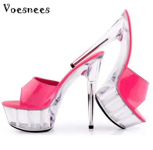 

Summer Women High Quality Slides Sandals Ultra High Heels 15CM Transparent Crystal Wedding Shoes Pink Platforms Cooler Shoes