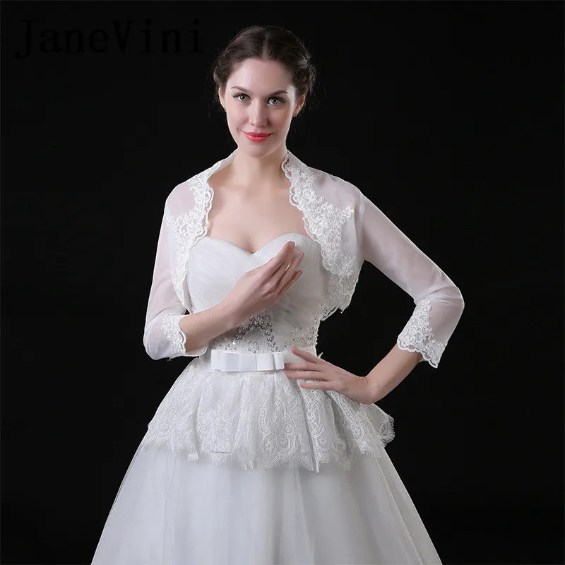 JaneVini белый Для женщин куртка с рукавами 3/4 Brautjacke с кружевной аппликацией летнее Болеро для невесты, с фатиновой юбкой, свадебное пальто шаль