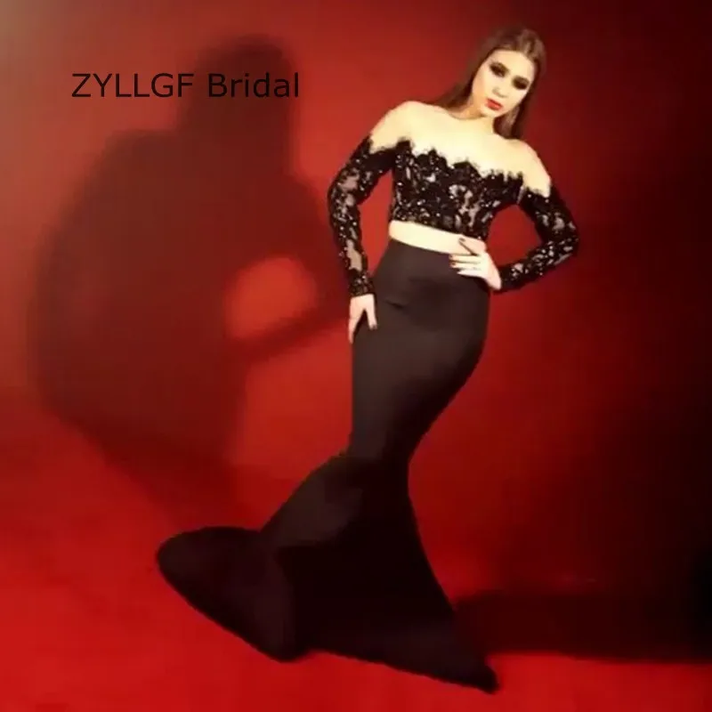 ZYLLGF Bridal Sexy Mermaid Arabia Lady Black Evening Gowns Long Sleeve 2 Piece Dress With Appliques TS249 | Свадьбы и торжества
