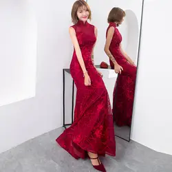 Красный Русалка Вечерние платья Длинные обувь для девочек китайское традиционное свадебное платье ретро Cheongsam кружева от Qipao пикантные