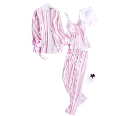 Высококачественные атласные пижамные комплекты для женщин, полосатая пижама с длинным рукавом, топ+ брюки+ халат, 3 шт., Элегантная ночная одежда, Сексуальная Домашняя одежда
