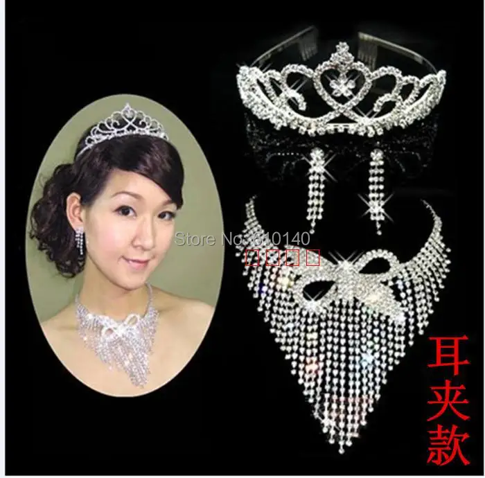 Korean wedding jewelry rhinestone crown tiara bridal jewelry necklace