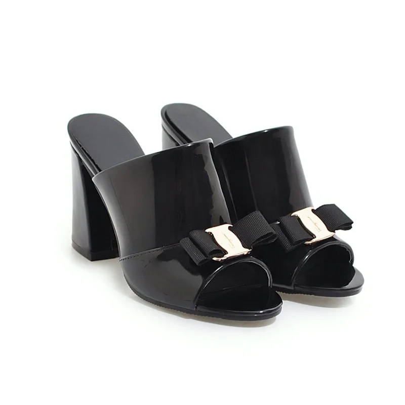 EGONERY/женская летняя обувь; шлепанцы на Высоком толстом каблуке с бантом; сандалии из лакированной искусственной кожи; модные шлепанцы на каблуке 9 см - Цвет: black