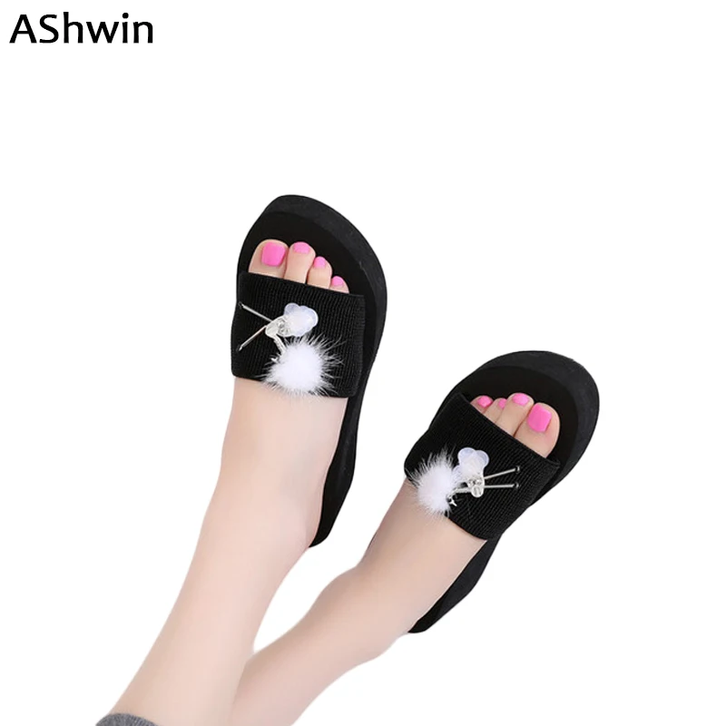 

AShwin summer lady sandals slippers wedge platform crystal rhinestones shoes bohemia beach slippers hawaiian flip flops heels5.5
