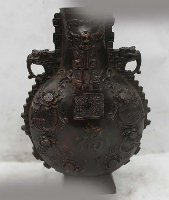 

11"China Chinese Folk Bronze excellent Lucky lotus flower Dragon Vase Statue