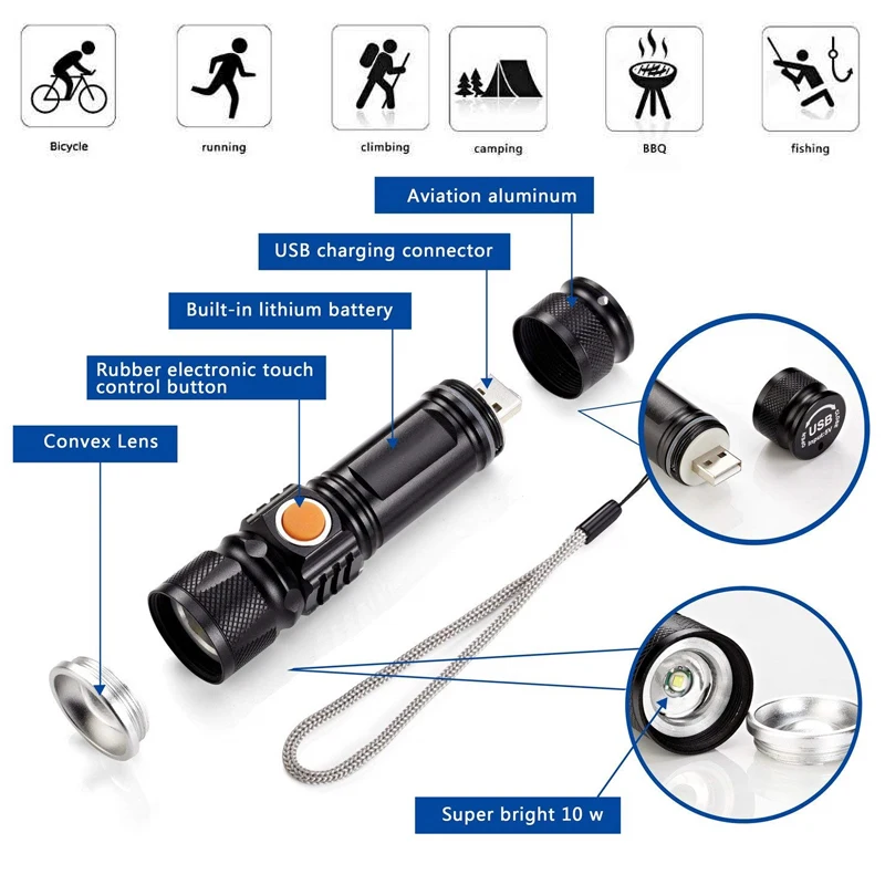 5000лм USB внутренний аккумулятор светодиодный фонарик супер яркость перезаряжаемый linterna светодиодный фонарь масштабируемый для внутреннего и наружного использования