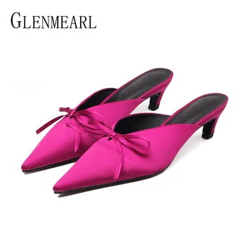 

Brand Women Slippers Mules Shoes Thin Heels Butterfly-knot Summer Outdoor Slippers Woman Rabbit Fur Pointed Toe Party Shoes DE