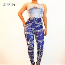 Блестящие звезды Кристаллы Синий комбинезон производительность наряд вечерние праздновать блестят стразы костюм боди этап одежда Комбинезоны