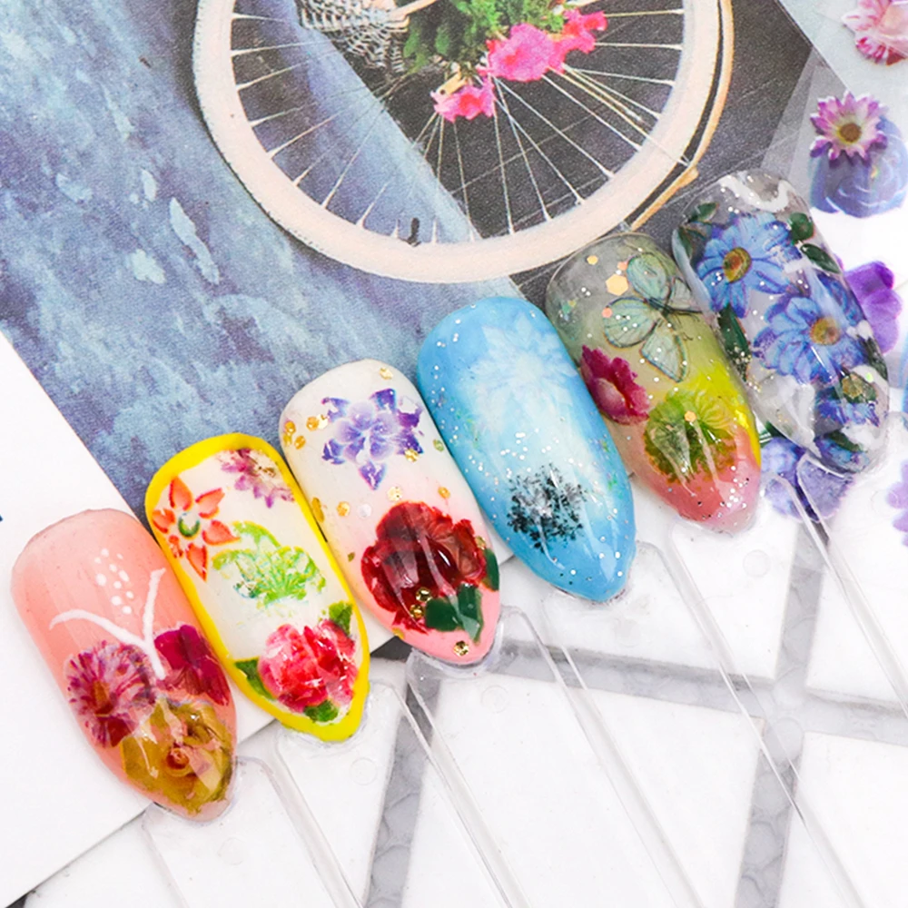 

8pcs/lot Charming Flower Pattern Holographic Foils For Nails 3D DIY Laser Nail Art Transfer Floral Starry Manicure Sticker SA710
