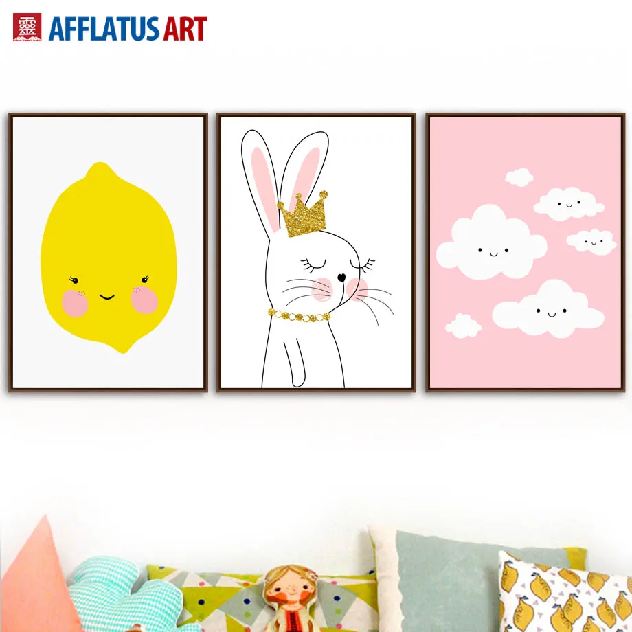 

Rabbit Cloud Lemon Nordic Poster Wall Art Print Canvas Painting Cartoon Wall Pictures For Kids Room Baby Room Pop Art Wall Decor