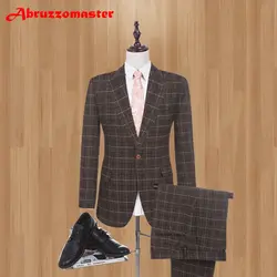 Коричневый лен для мужчин костюмы с брюки для девочек S-4XL Мода 2019 бренд Slim Fit однобортный одна кнопка свадебный костюм (куртк