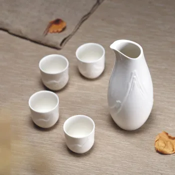 

5 Piece Ceramic White Traditional Japanese Sake Set with Mountain Design