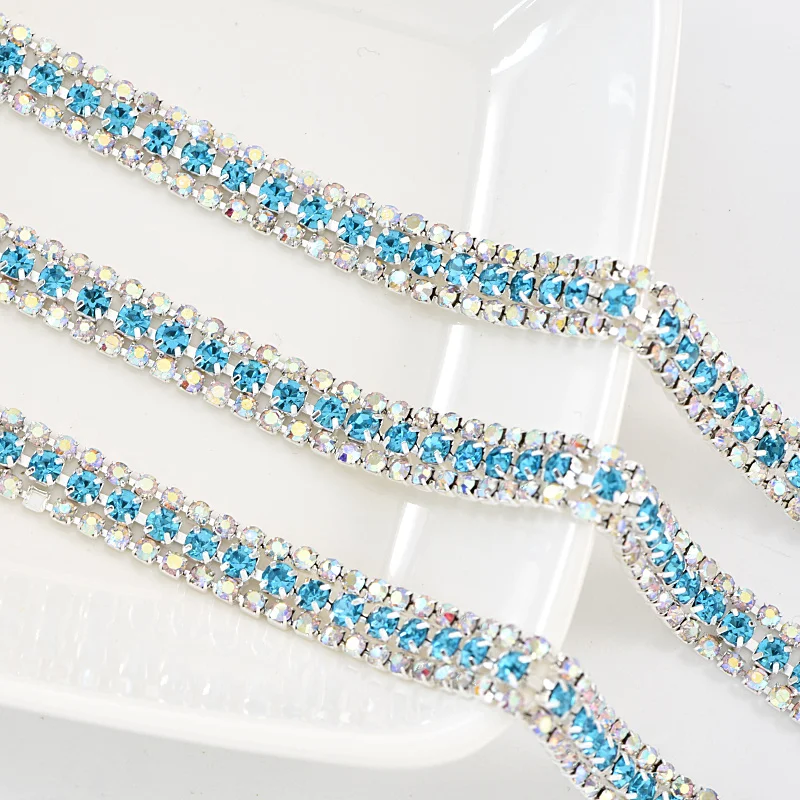 

3Rows 1 yard Crystal Glass Aquamarine Sew On Rhinestone Chain With Silver Base Sew On Rhinestone Chain Cup For Decoration B3766