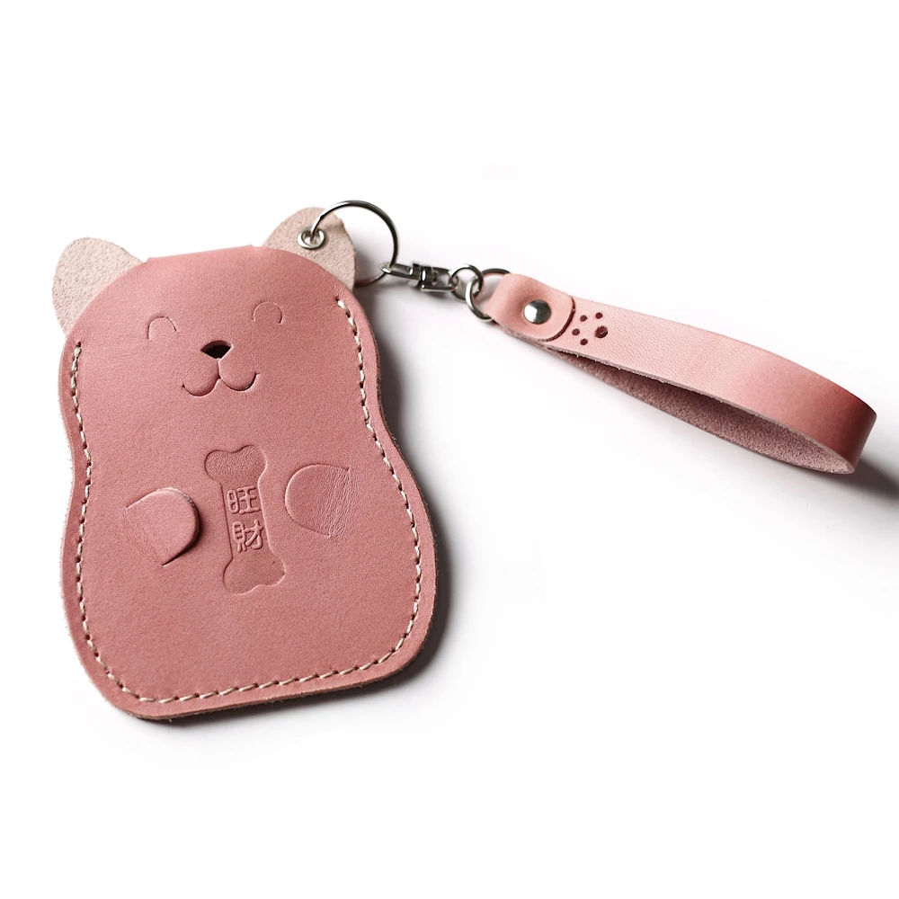 

Gathersun Genuine Leather ID Card Holder Key Chain Dog Shape Card Case for Student ID Personalized Leather Credit Card Holder