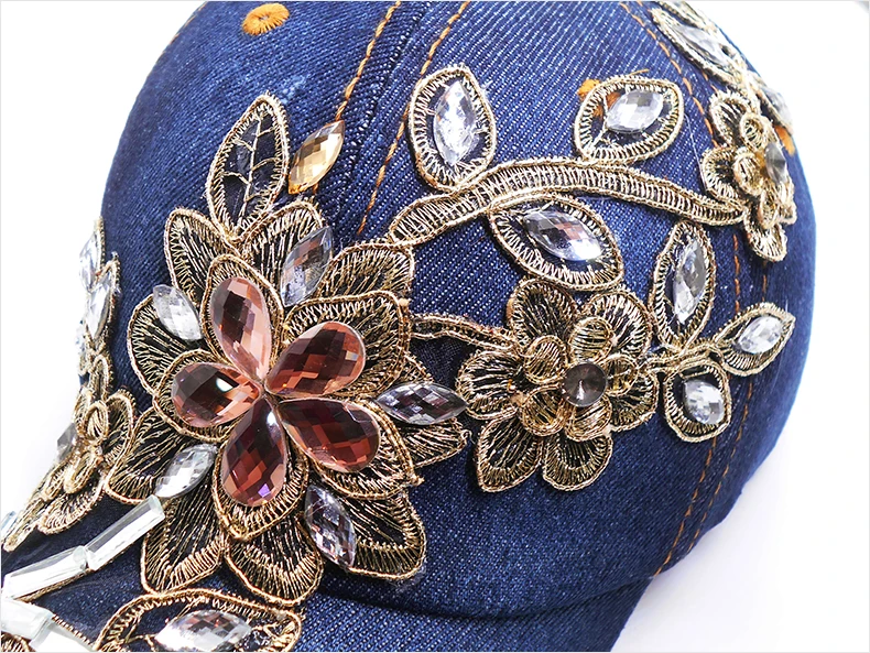Деним горный хрусталь Женская Бейсбол кепки Винтаж Роскошный Цветочный узор Gorras женский высокое качество стекло шапка с бриллиантом