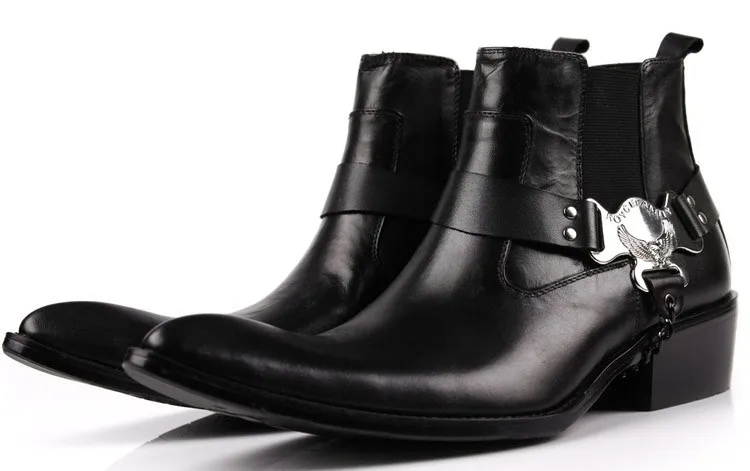 Коричневые/черные мужские ботильоны с острым носком; ботинки из натуральной кожи; Мужские ботинки в байкерском стиле с пряжкой; Большие европейские размеры 45 - Цвет: Black