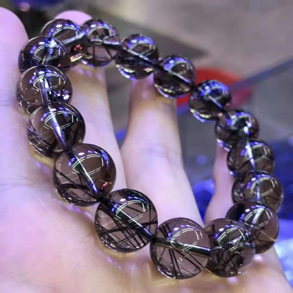 

Natural Black Rutilated Quartz Bracelet 12.5mm Round Beads Gems Crystal Stretch Bracelets For Women And Men