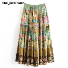 Богемный Блум Цветочный Павлин птица печати юбка Винтаж выдалбливают шнуровкой эластичный пояс кисточкой качели складки юбки пляжные