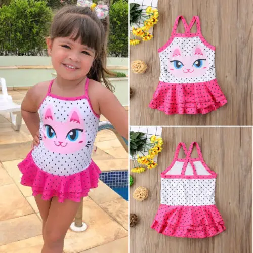 New Cute Baby Cat Swimwear Kids Girl Polka Dot Tutu Romper Swimming