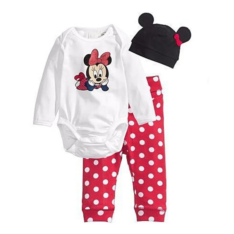 Детские комбинезоны, хлопковая одежда с длинными рукавами для маленьких девочек Комбинезон для маленьких мальчиков с рисунком Микки и Минни+ шапочка+ штаны, комплекты одежды для новорожденных