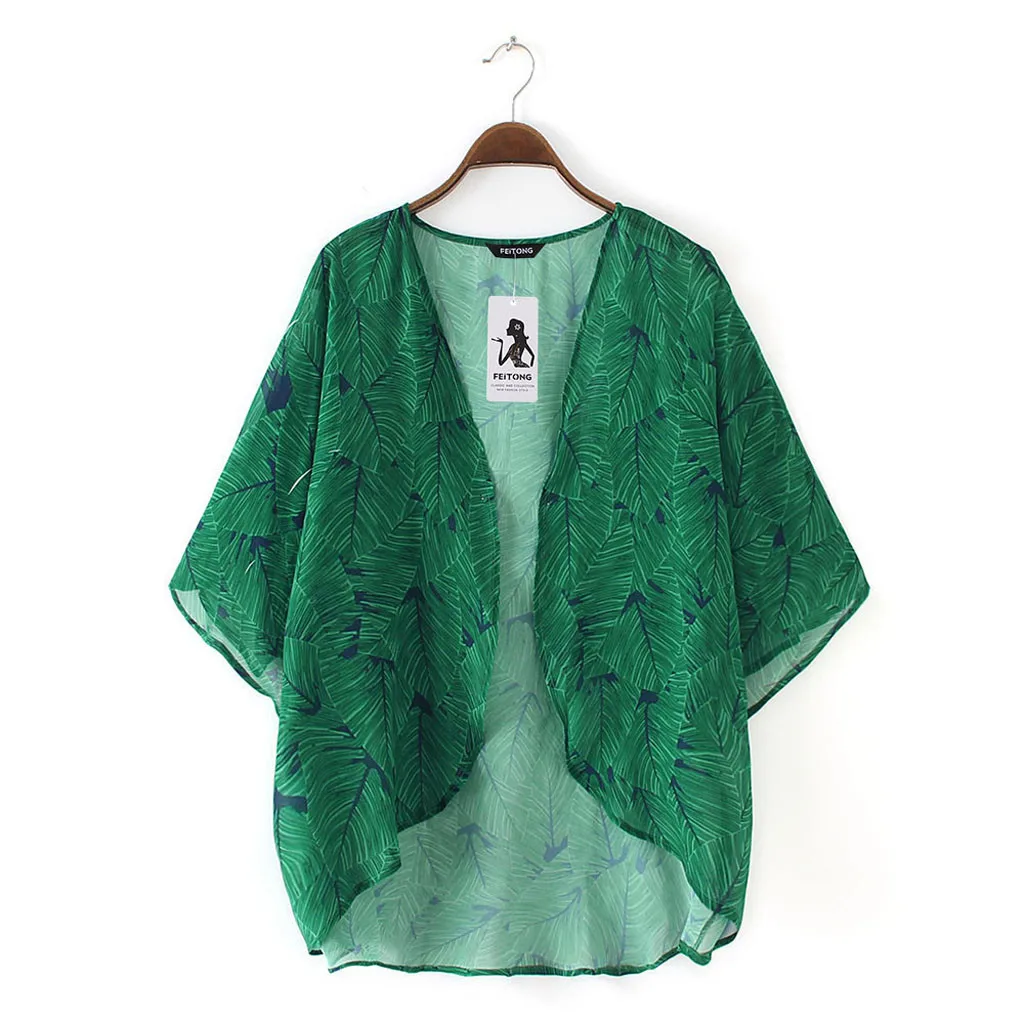 Women Floral Printed Short Half Sleeve Chiffon Kimono Cardigan Tops Blouse