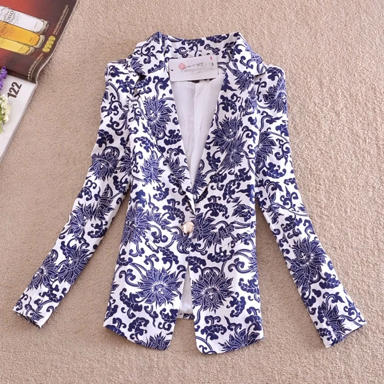 2014 New Women Full Sleeve Flower Print Blazers Short Length Blue And