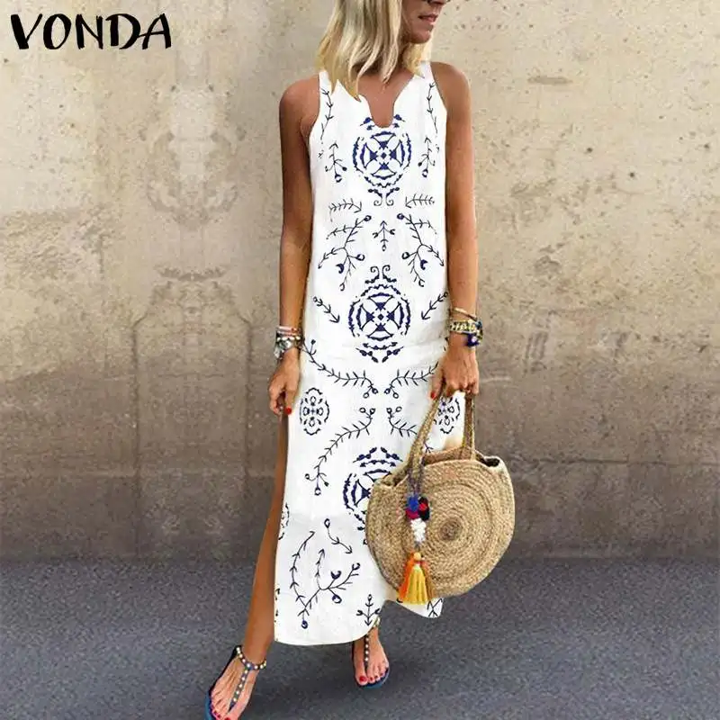 

VONDA 2019 Women's Dresses Plus Size Bohemian V-Neck Printed Dress Feminine Summer Vintage Sleeveless Long Maxi Dress Vestidos