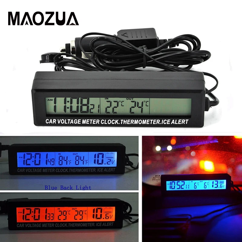 12V//24V Digital LCD Clock In//Out Thermometer ICE Alert Kit Car Voltage Meter A