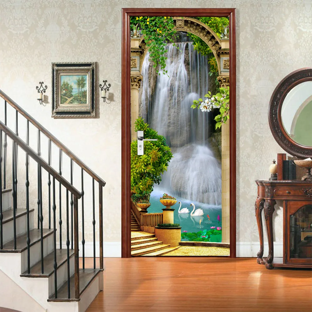 

Garden Waterfall 3D Door Murals Clear Water Lotus Pond Scenery Wall Stickers Home Decoration Waterproof Vinyl Wallpaper 77*200cm